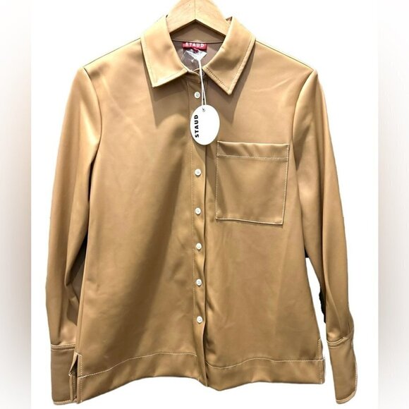 Staud Nwt Lynn Vegan Leather Collared Shirt In Doe Size Xs. - Picture 5 of 11